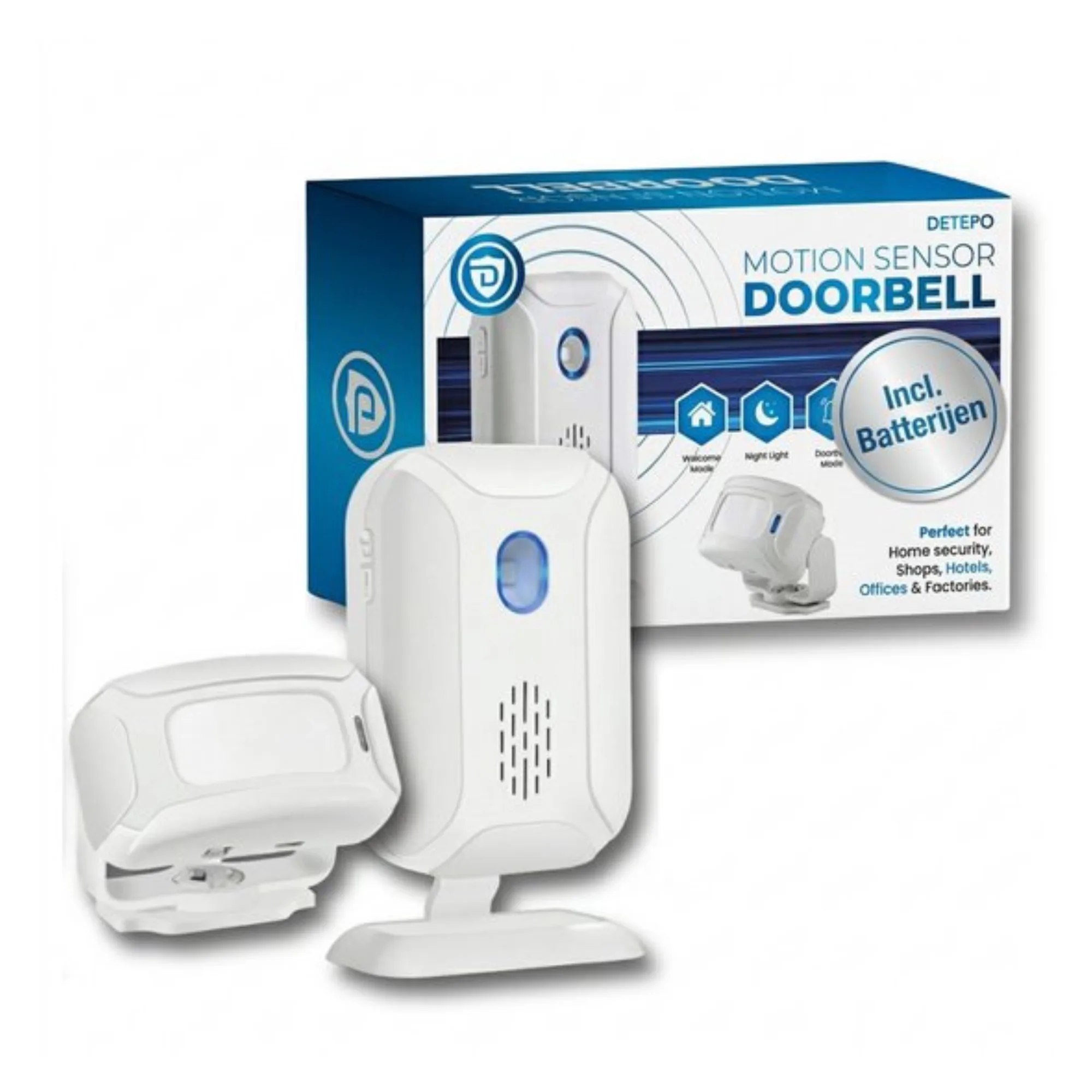 Winkelbel, Entreemelder met Sensor, Incl. Batterijen, Wit